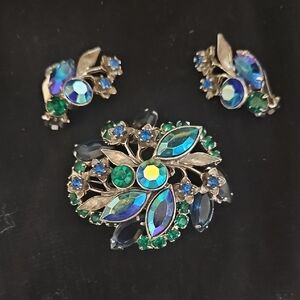 Vintage Silver and Blue Floral Brooch Set